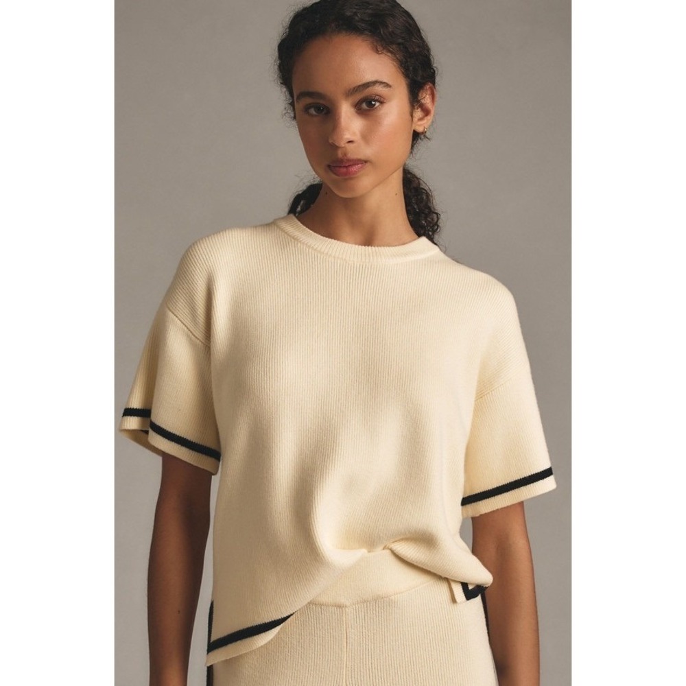 Anthropologie English Factory Short Sleeve Tipped Boxy Sweater Ivory Size L